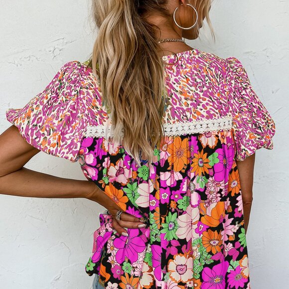 🌹 Rose Red Bubble Sleeve Lace Trim Floral Mixed Print Blouse - Picture 2 of 14